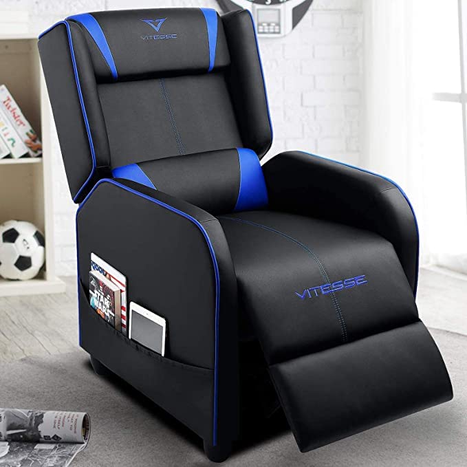 VITESSE VIT Gaming Recliner Chair Racing Style Single PU Leather Sofa Modern Living Room Recliners Ergonomic Comfortable Home Theater Seating Blue