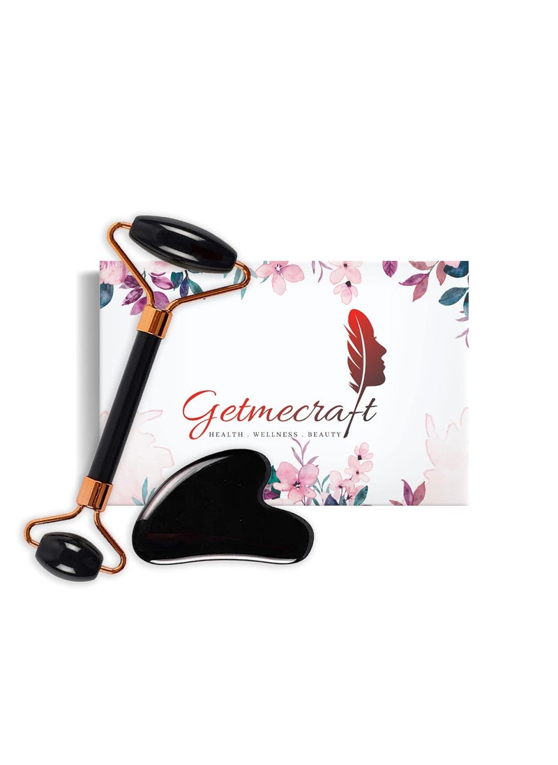 Getmecraft Getmecraft Black Obsidian Roller and Gua Sha Set 100 Natural Source from Highest Altitude of Himalayan TwoSided Face Neck Massager Stone Beauty Tool  - Image 1