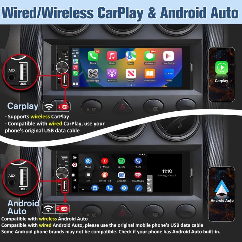 Pyniro Universal Single Din Car Stereo with Wireless CarPlay & Android Auto, 6.36 Inch IPS Touch Screen Head Unit with Backup Camera/External Microphone, Car Radio Supports Bluetooth/SWC/FM/USB/TF - Image 4