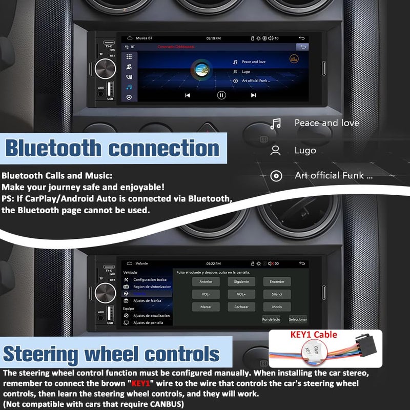 Pyniro Universal Single Din Car Stereo with Wireless CarPlay & Android Auto, 6.36 Inch IPS Touch Screen Head Unit with Backup Camera/External Microphone, Car Radio Supports Bluetooth/SWC/FM/USB/TF - Image 5