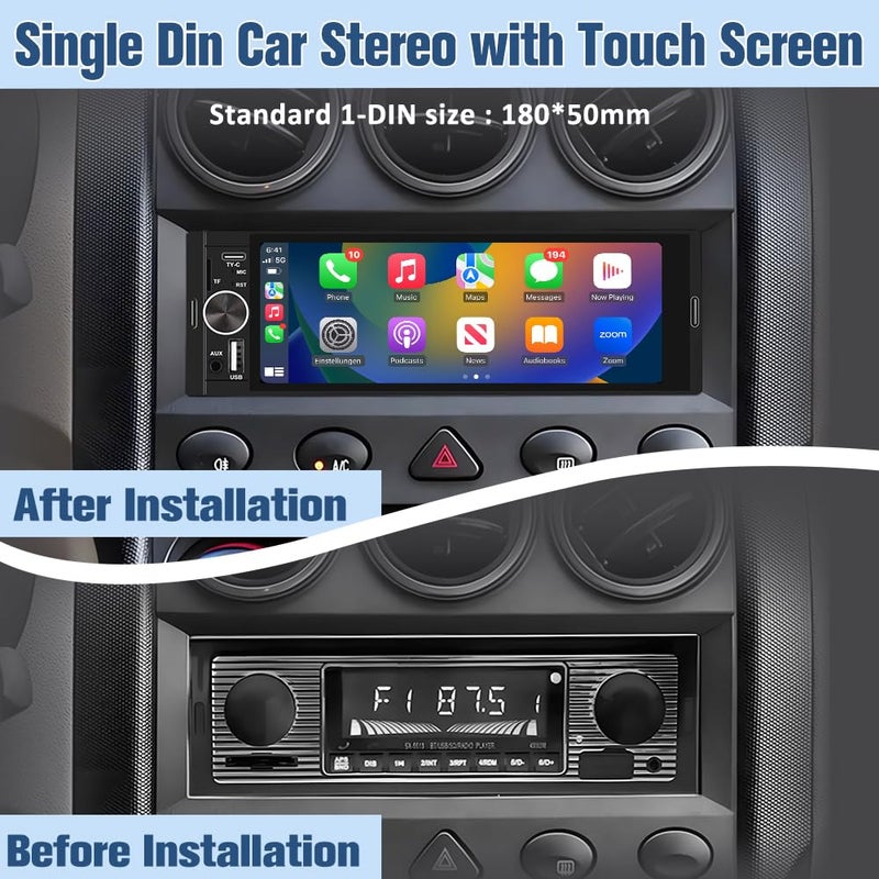 Pyniro Universal Single Din Car Stereo with Wireless CarPlay & Android Auto, 6.36 Inch IPS Touch Screen Head Unit with Backup Camera/External Microphone, Car Radio Supports Bluetooth/SWC/FM/USB/TF - Image 2