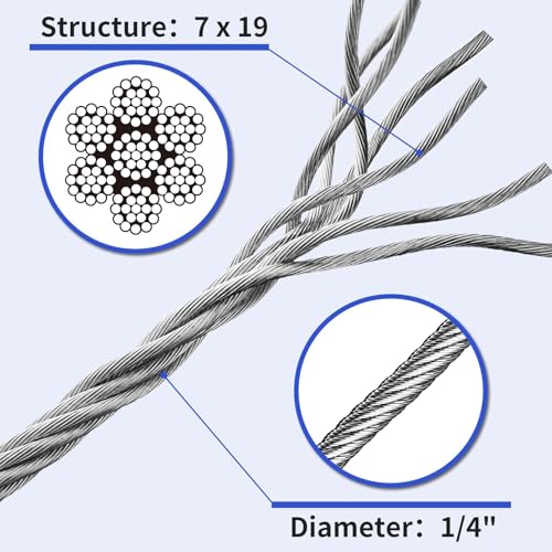 LuckIn 50ft Thickened 1/4" Stainless Steel Cable, 7x19 Strand Aircraft Wire Rope for Yard Zipline, Deck Railing, 6400lbs Breaking Strength - Image 3