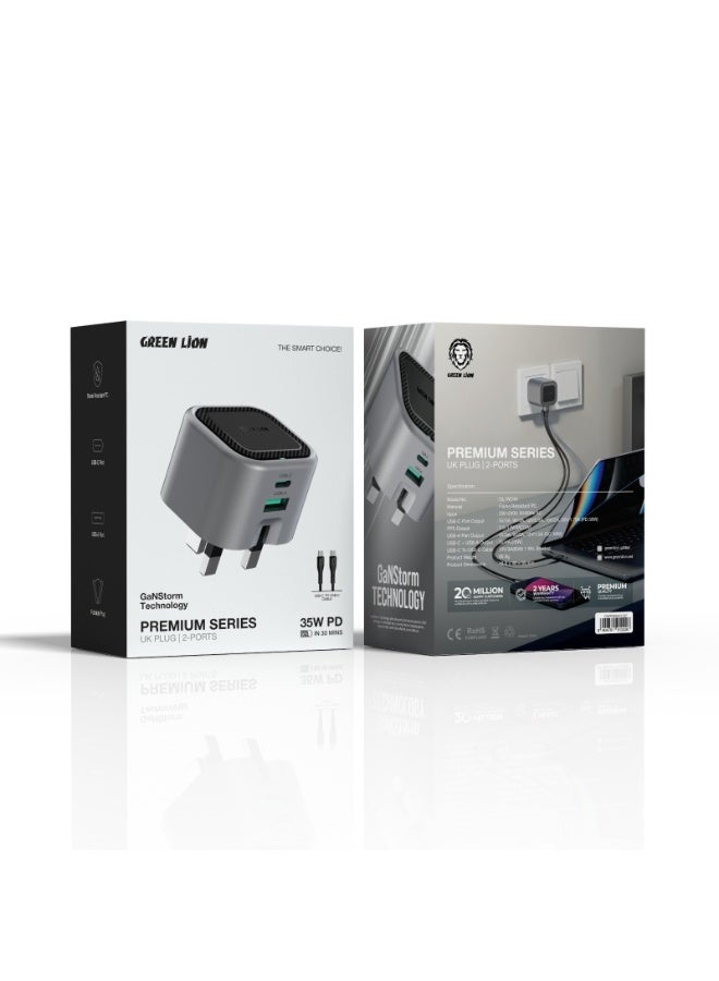 GREEN LION Premium Series UK Plug Wall Charger - 2 Port, PD 35W, C to C Cable / Foldable Plug / GaNStorm Technology - Grey - Image 3