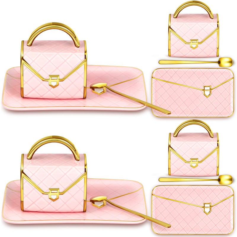Zubebe 2 Sets Coffee Mug Elegant Handbag Shaped Cup Modern Ceramic Purse Mug with Spoon and Saucer 10oz Cute Creative Tea Cup for Woman Girls Gift Pink - Image 2