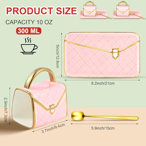 Zubebe 2 Sets Coffee Mug Elegant Handbag Shaped Cup Modern Ceramic Purse Mug with Spoon and Saucer 10oz Cute Creative Tea Cup for Woman Girls Gift Pink - Image 3
