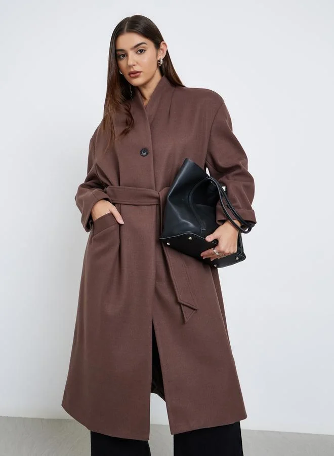 Styli Styli Brown Regular Fit Wool Like Belted Midi Coat