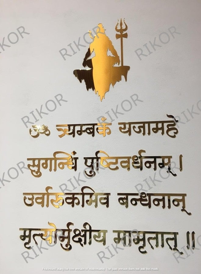 RIKOR Mrityunjaya (Mrutyunjaya) Mantra Wall Decor, 2mm Golden acrylic self-adhesive letters, Size 23 inch X 17 inch, for Pooja Mandir, Kids room, Office Premises, living room - Image 1