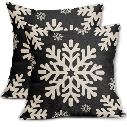 Sivirary Black Christmas Pillow Covers 18x18 Inch Set of 2 Xmas Snowflakes Rustic Winter Themed Decorative Throw Pillow Cases Outdoor Linen Cushion Covers Farmhouse Sofa Couch Bed Decor - Image 1
