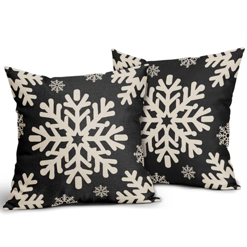 Sivirary Black Christmas Pillow Covers 18x18 Inch Set of 2 Xmas Snowflakes Rustic Winter Themed Decorative Throw Pillow Cases Outdoor Linen Cushion Covers Farmhouse Sofa Couch Bed Decor - Image 3