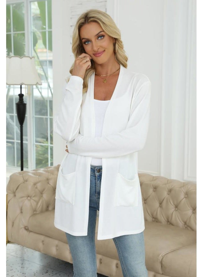 Yincro Womens Lightweight Cardigan Fall Long Sleeve 0pen Front Sweater with Pockets Casual Outerwear, White, XL - Image 3