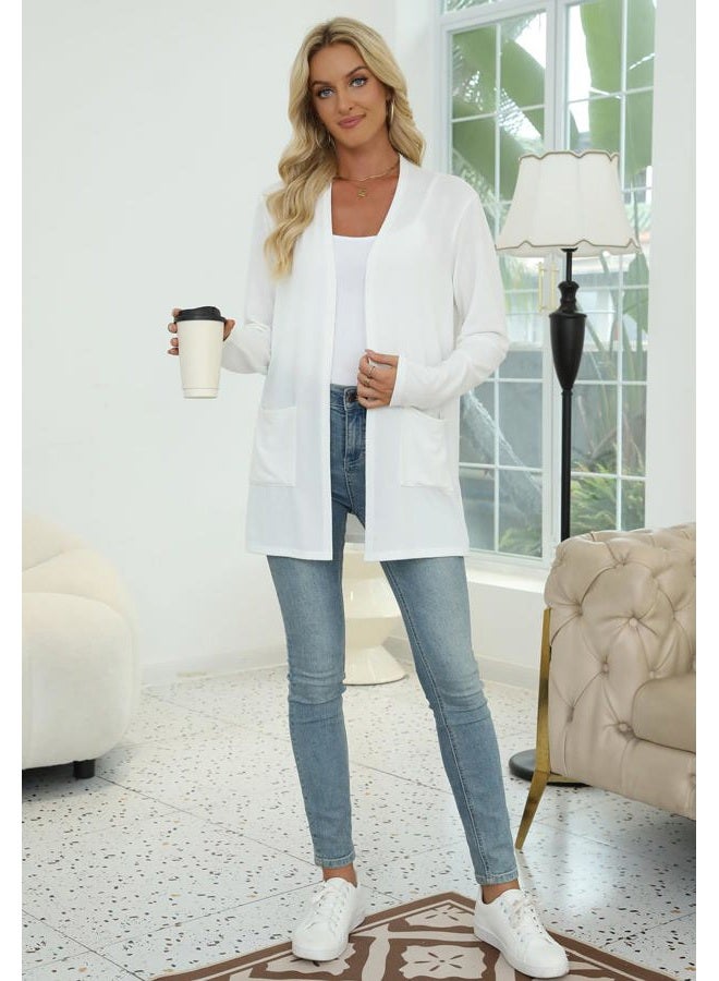 Yincro Womens Lightweight Cardigan Fall Long Sleeve 0pen Front Sweater with Pockets Casual Outerwear, White, XL - Image 4