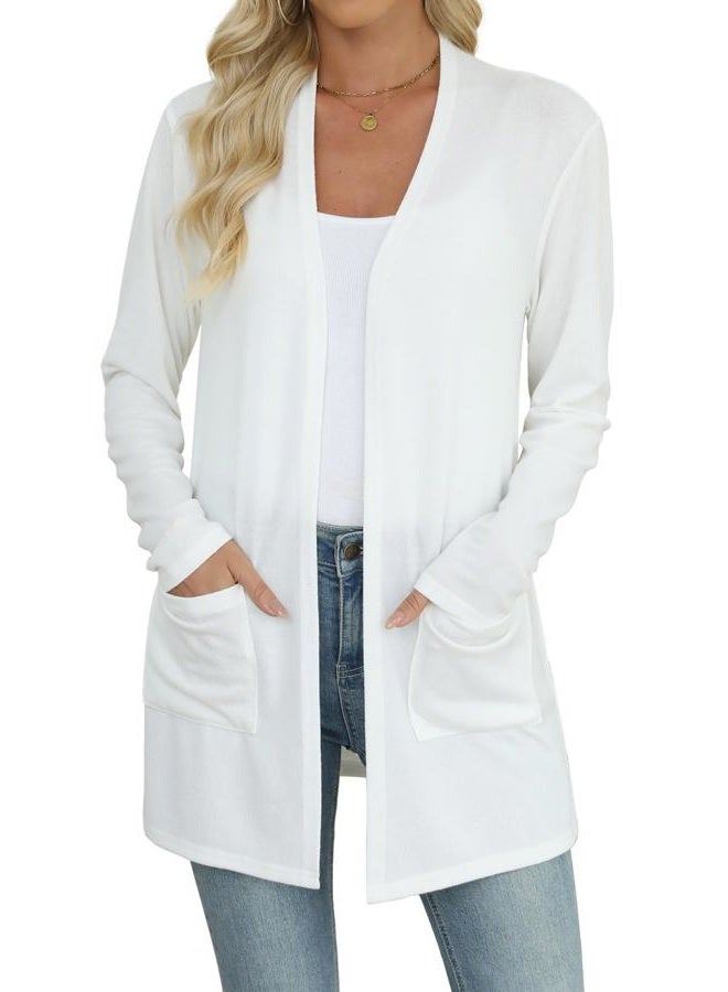 Yincro Womens Lightweight Cardigan Fall Long Sleeve 0pen Front Sweater with Pockets Casual Outerwear, White, XL - Image 1