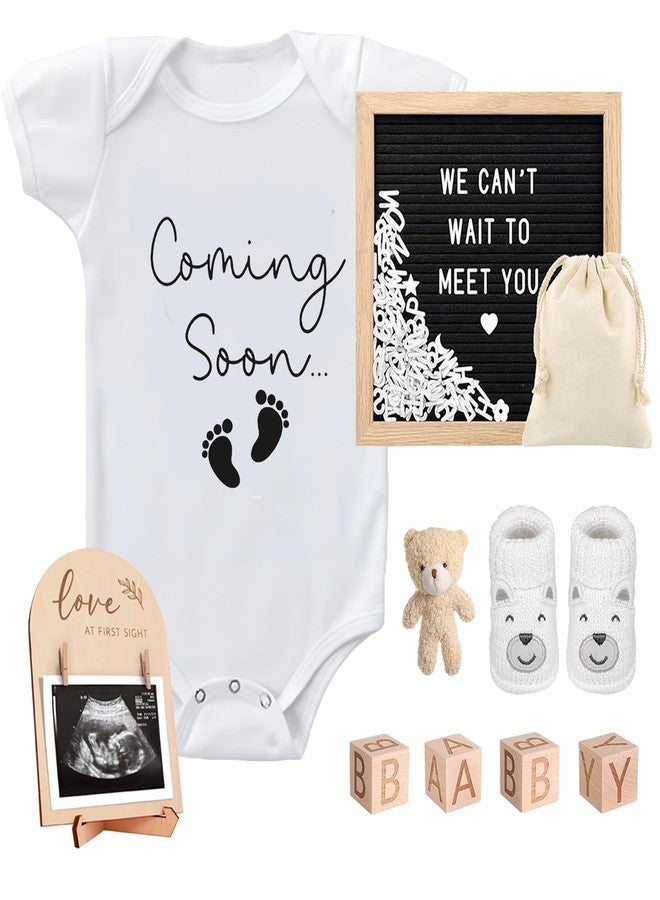 SytuHete 9 Pcs Pregnancy Announcements Set, Include Felt Letter Board Baby Bodysuit Shoes and Wooden Sign Surprise Announcement for Grandparents Partner Gift Family Reveal(Grey Coming soon-white shoe) - Image 1