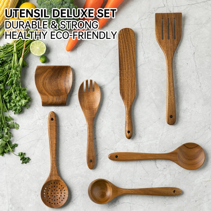 Fyctio 8 PCS Wooden Utensil Set with Holder, Spoon Rest, Durable Wooden Spoons for Cooking, Heat-Resistant, Comfort Grip,Easy to Clean, Non-stick Friendly, Ideal for Gifting - Image 4