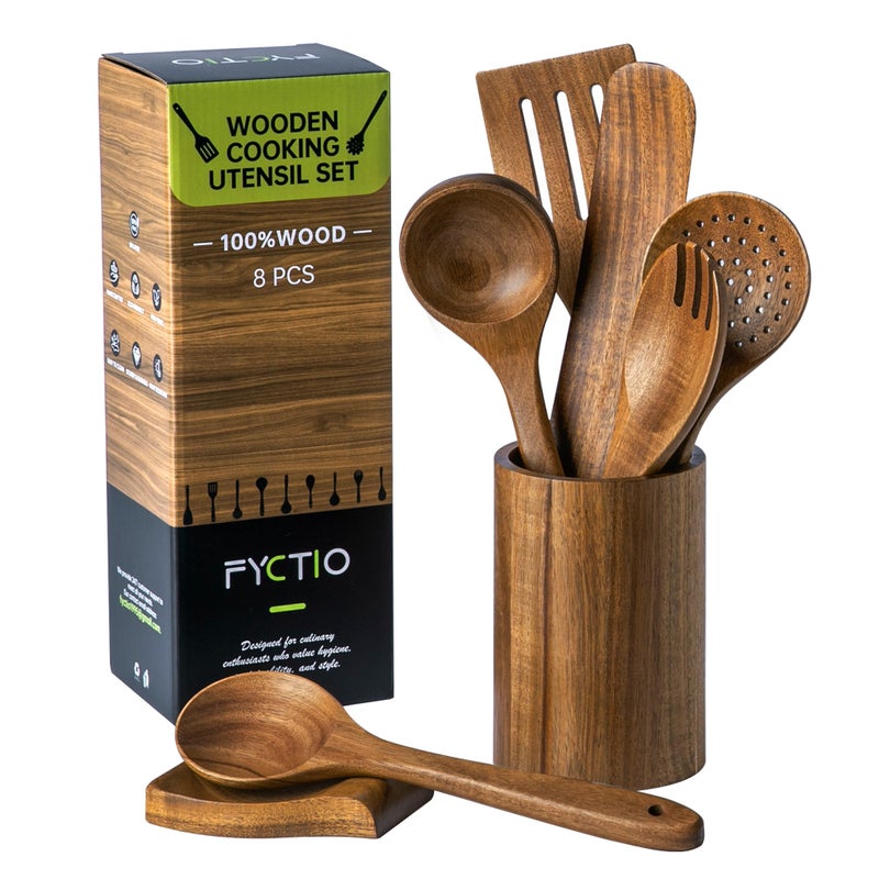 Fyctio 8 PCS Wooden Utensil Set with Holder, Spoon Rest, Durable Wooden Spoons for Cooking, Heat-Resistant, Comfort Grip,Easy to Clean, Non-stick Friendly, Ideal for Gifting - Image 1
