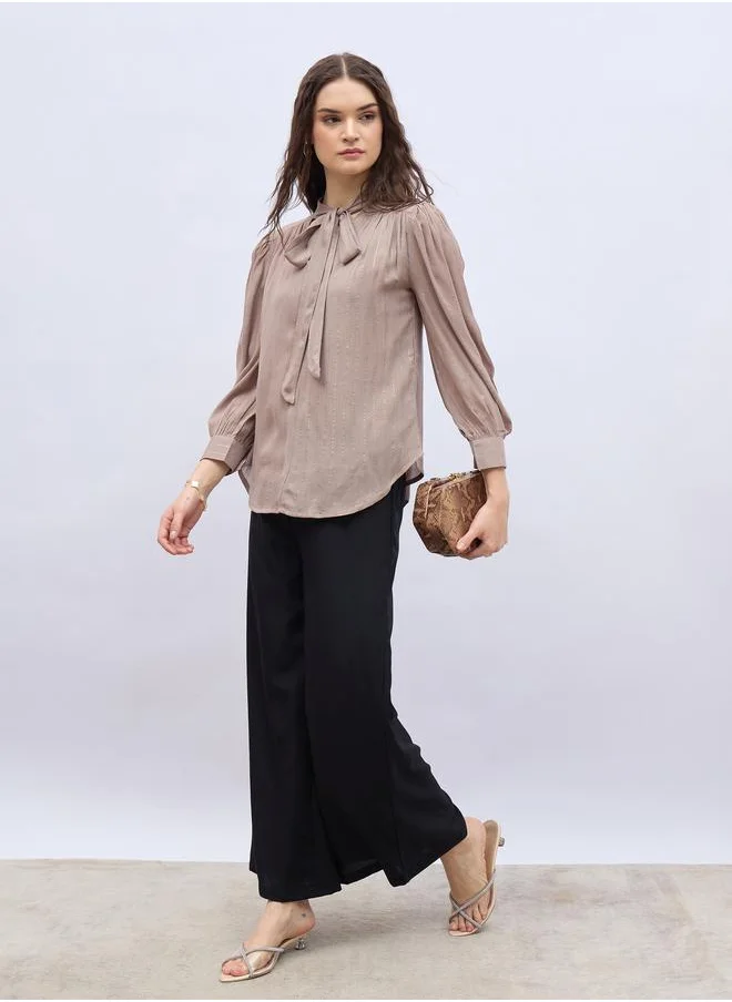 Styli Styli Striped Balloon Sleeve Tie-Up Neck Blouse