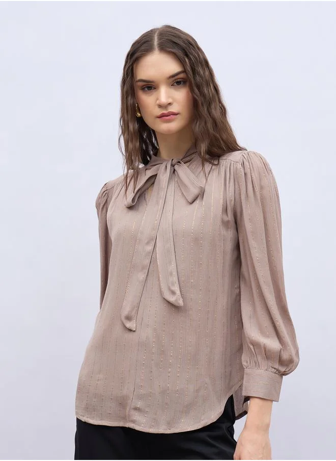 Styli Styli Striped Balloon Sleeve Tie-Up Neck Blouse
