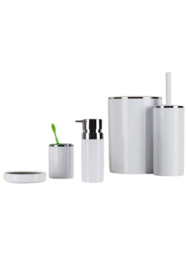 Primanova Bathroom Accessory Set 5-Piece Acrylic Chrome Finish – 6 Liter Waste Bin, Toilet Brush, Soap Dispenser, Toothbrush Holder & Soap Dish (White) - Image 1