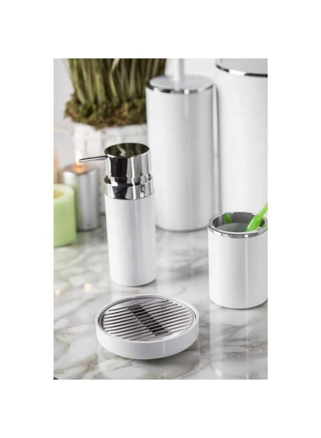 Primanova Bathroom Accessory Set 5-Piece Acrylic Chrome Finish – 6 Liter Waste Bin, Toilet Brush, Soap Dispenser, Toothbrush Holder & Soap Dish (White) - Image 2