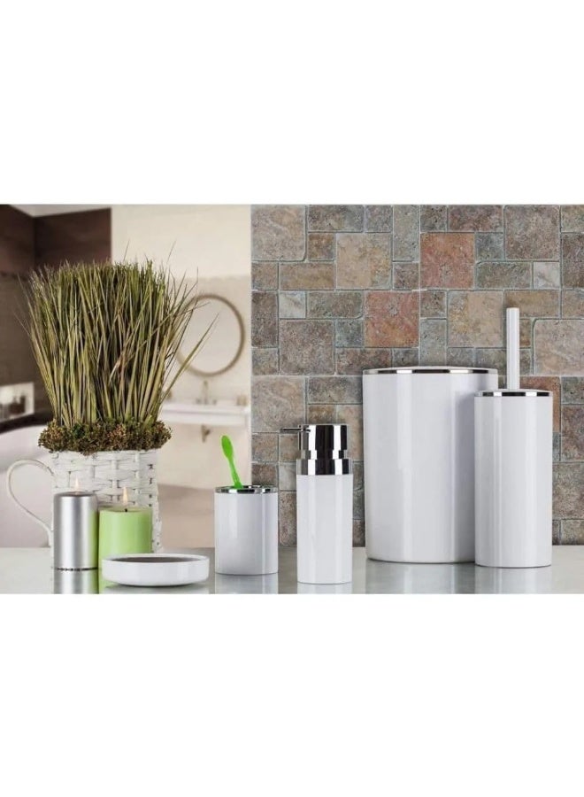 Primanova Bathroom Accessory Set 5-Piece Acrylic Chrome Finish – 6 Liter Waste Bin, Toilet Brush, Soap Dispenser, Toothbrush Holder & Soap Dish (White) - Image 3