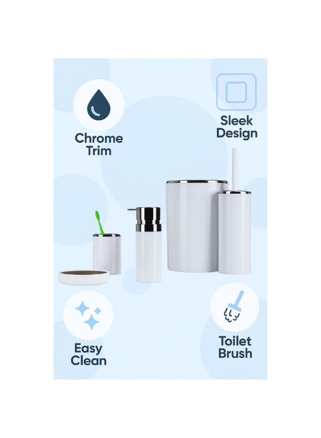 Primanova Bathroom Accessory Set 5-Piece Acrylic Chrome Finish – 6 Liter Waste Bin, Toilet Brush, Soap Dispenser, Toothbrush Holder & Soap Dish (White) - Image 4