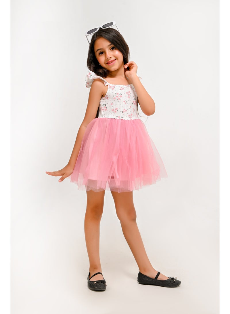 Girls Floral Ruffle Sleeve Tulle Dress - Image 1