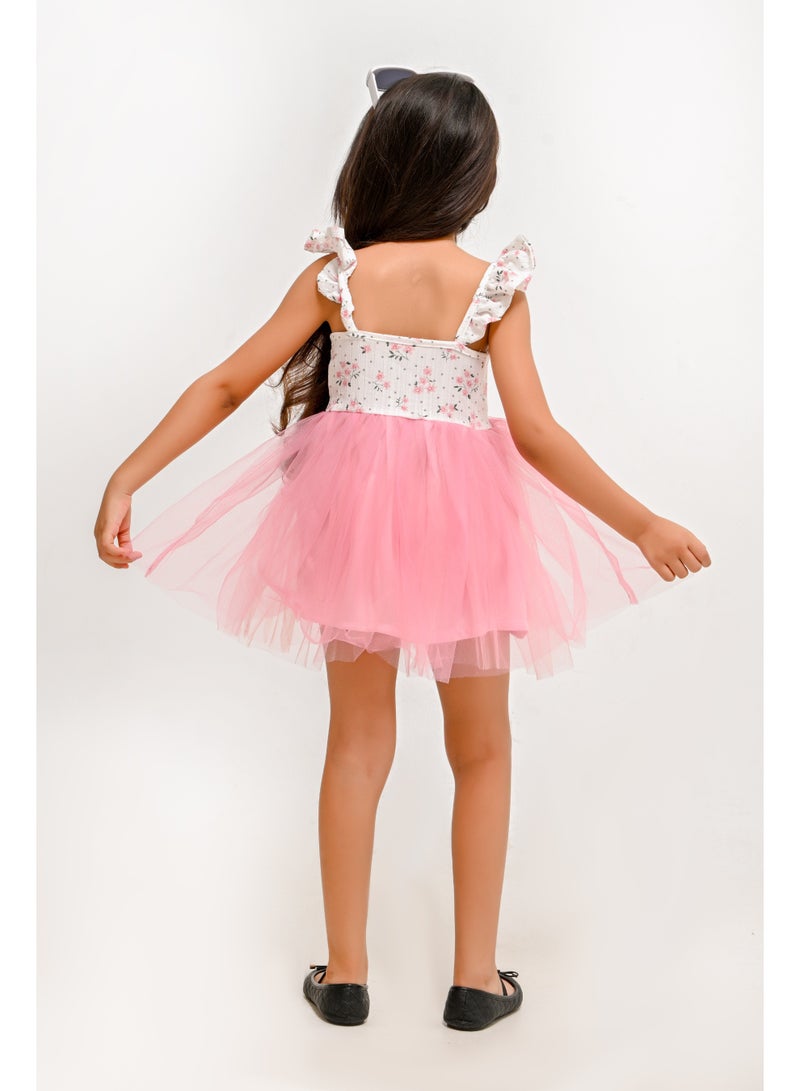 Girls Floral Ruffle Sleeve Tulle Dress - Image 3