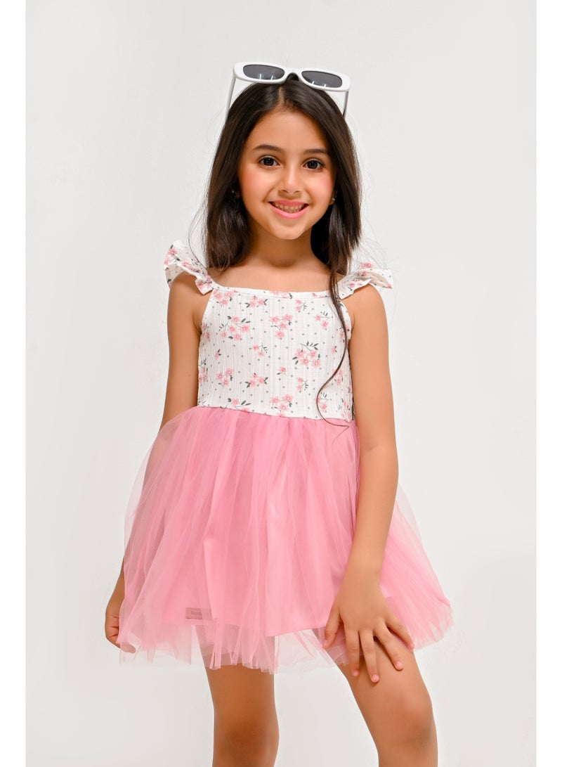 Girls Floral Ruffle Sleeve Tulle Dress - Image 2