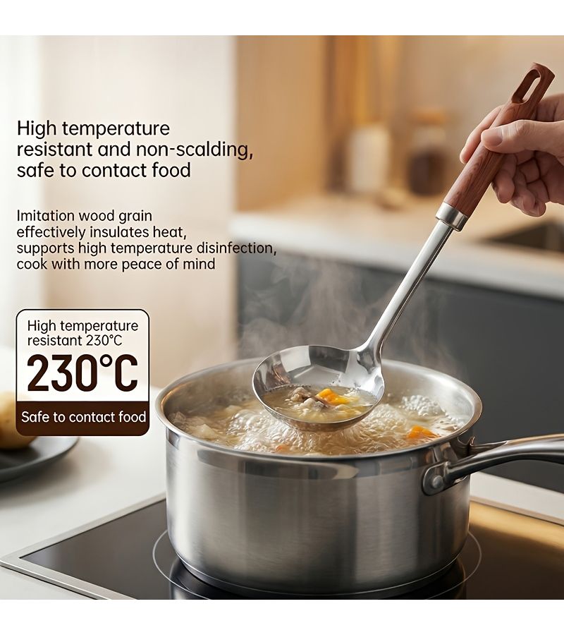 Stainless Steel Kitchen Utensil Set With Wood Grain Anti Slip Heat Resistant Handles Leaking Shovel Spatula Ladle Slotted Spoon Pasta Server Cooking Tool - Image 4