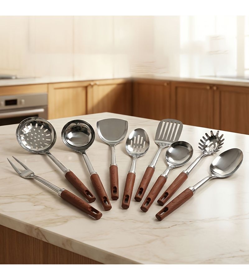 Stainless Steel Kitchen Utensil Set With Wood Grain Anti Slip Heat Resistant Handles Leaking Shovel Spatula Ladle Slotted Spoon Pasta Server Cooking Tool - Image 1