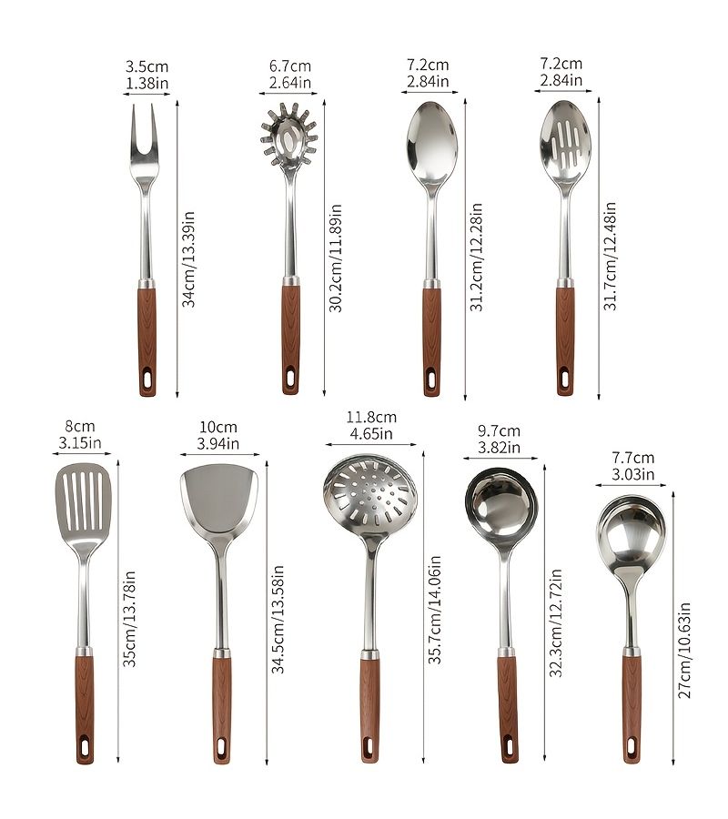 Stainless Steel Kitchen Utensil Set With Wood Grain Anti Slip Heat Resistant Handles Leaking Shovel Spatula Ladle Slotted Spoon Pasta Server Cooking Tool - Image 3