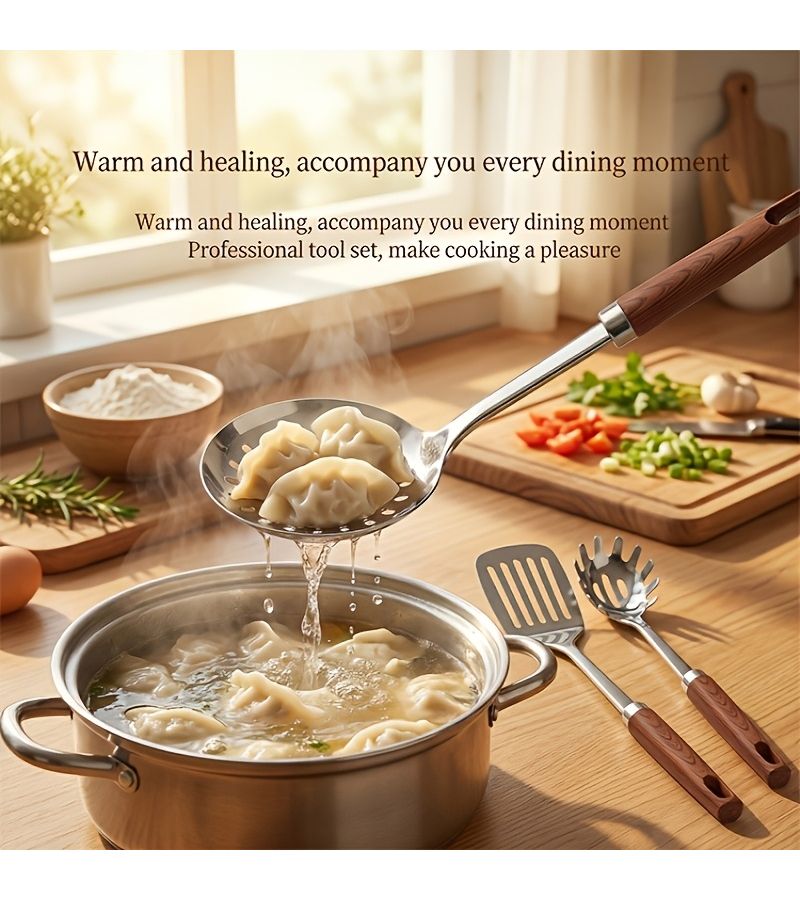 Stainless Steel Kitchen Utensil Set With Wood Grain Anti Slip Heat Resistant Handles Leaking Shovel Spatula Ladle Slotted Spoon Pasta Server Cooking Tool - Image 2