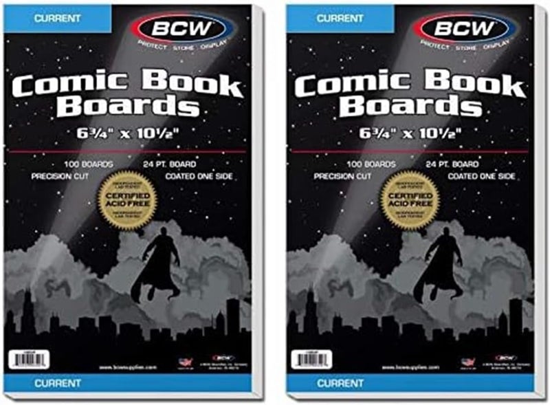 BCW Current Comic Book Backing Boards  2 Pack 100 Total  24 pt Coated Buffered with 3 Calcium Carbonate  Precision Cut for Current Comic Bags  Comic Book Boards for LongTerm Storage - Image 1
