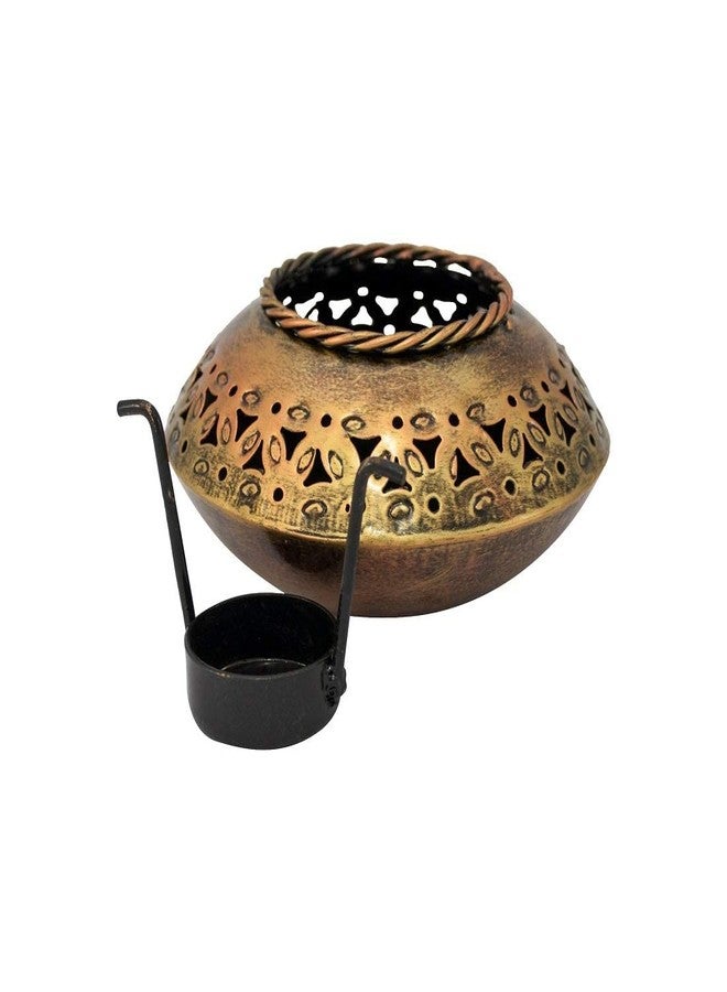 Gunendra Crafts Home Decor Tealight Holder/Perforated Degchi Style Candle Stand/Antique Finished Dhoop Incense/Tealight Holder Degchi Pot - Black Golden Chrome Polished - Image 5