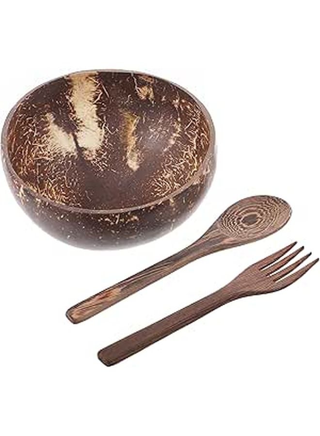 Coconut Shell Bowl Set 3 Pcs with 16cm Wood Spoon Fork Natural Eco Friendly Tableware - Image 1