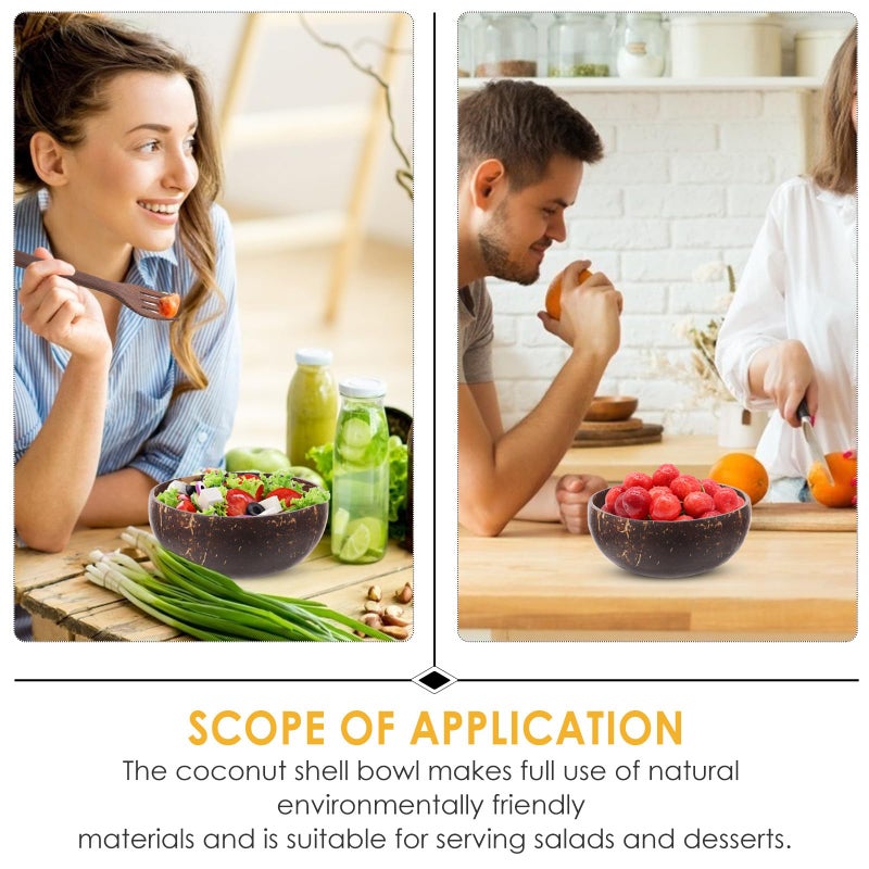 Coconut Shell Bowl Set 3 Pcs with 16cm Wood Spoon Fork Natural Eco Friendly Tableware - Image 4