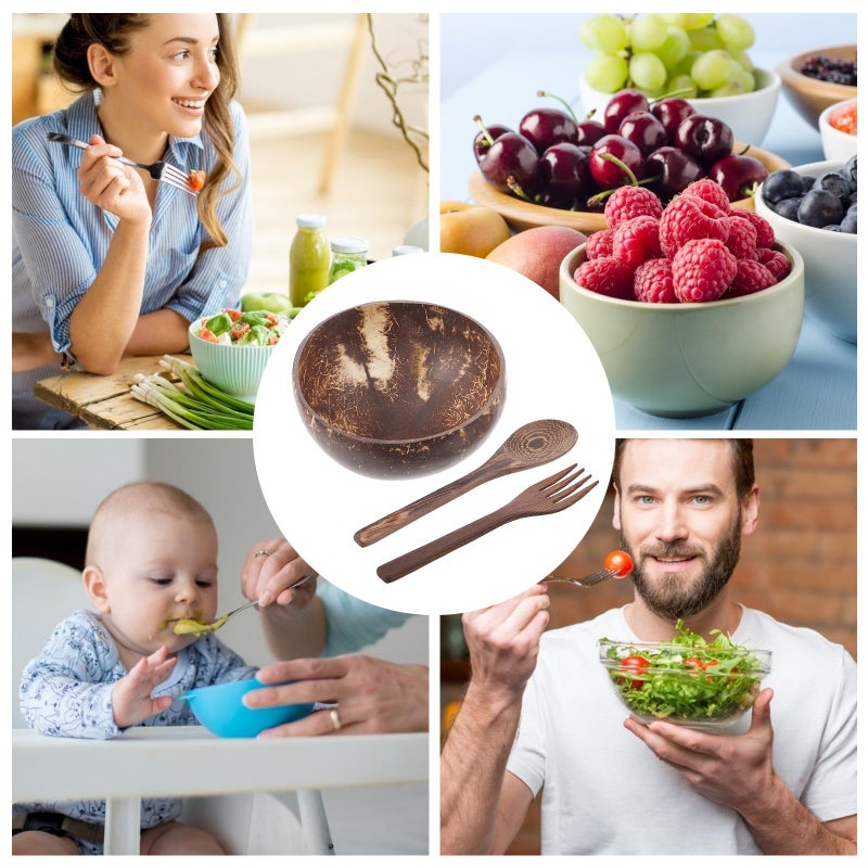 Coconut Shell Bowl Set 3 Pcs with 16cm Wood Spoon Fork Natural Eco Friendly Tableware - Image 5