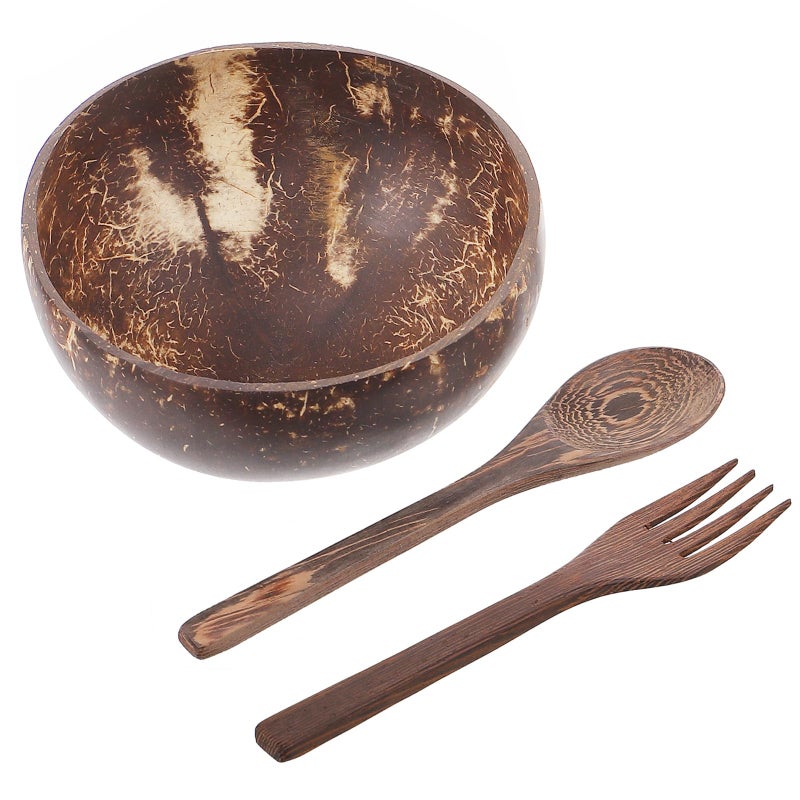 Coconut Shell Bowl Set 3 Pcs with 16cm Wood Spoon Fork Natural Eco Friendly Tableware - Image 2