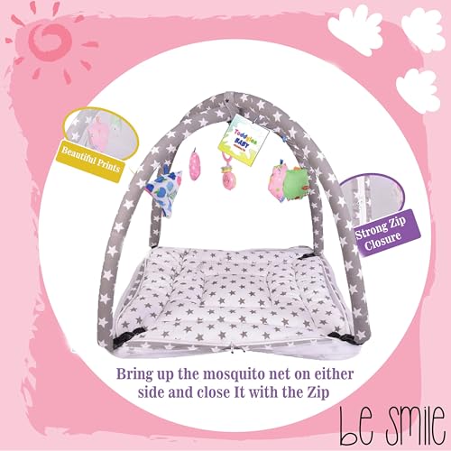 Toddylon Newborn Baby Play Gym with Mosquito Net | Cotton Mat with Hanging Toys | Crawling Playmat & Bedding Set (Grey Star, 0–6 Months, 1 Count) - Image 4