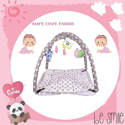 Toddylon Newborn Baby Play Gym with Mosquito Net | Cotton Mat with Hanging Toys | Crawling Playmat & Bedding Set (Grey Star, 0–6 Months, 1 Count) - Image 2