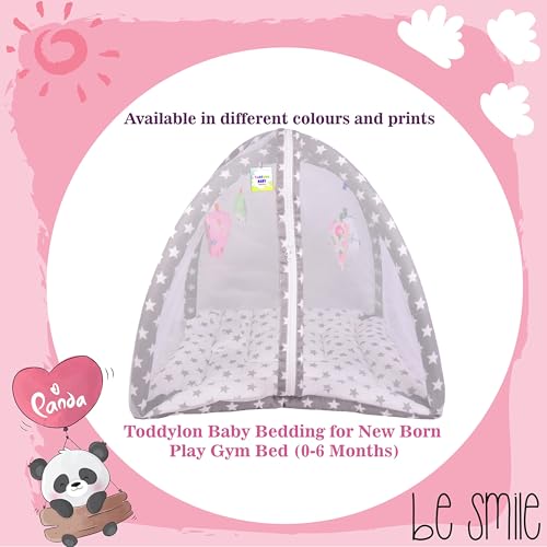 Toddylon Newborn Baby Play Gym with Mosquito Net | Cotton Mat with Hanging Toys | Crawling Playmat & Bedding Set (Grey Star, 0–6 Months, 1 Count) - Image 5