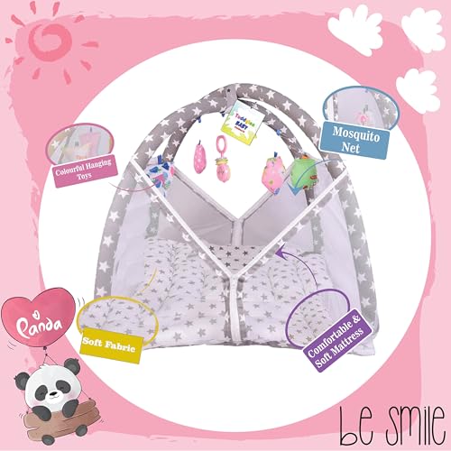 Toddylon Newborn Baby Play Gym with Mosquito Net | Cotton Mat with Hanging Toys | Crawling Playmat & Bedding Set (Grey Star, 0–6 Months, 1 Count) - Image 3
