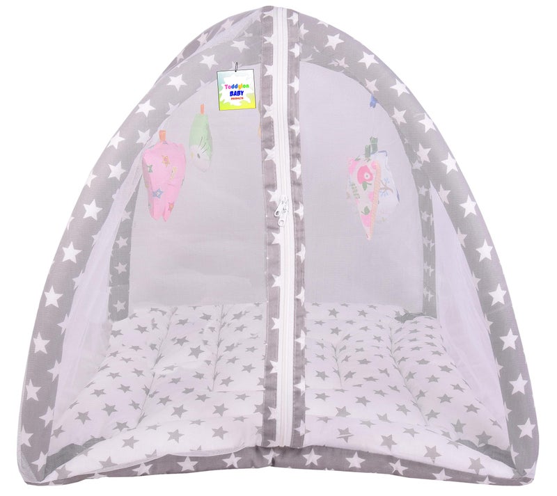 Toddylon Newborn Baby Play Gym with Mosquito Net | Cotton Mat with Hanging Toys | Crawling Playmat & Bedding Set (Grey Star, 0–6 Months, 1 Count) - Image 1