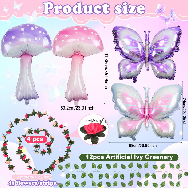 Canlierr 20 Pcs Fairy Party Decorations Include Rose Wisteria, Mushroom Butterfly Balloons and Artificial Ivy Greenery, Fairy Garden Topper for Girls Birthday, Wedding, Tea Party, Baby Shower - Image 2