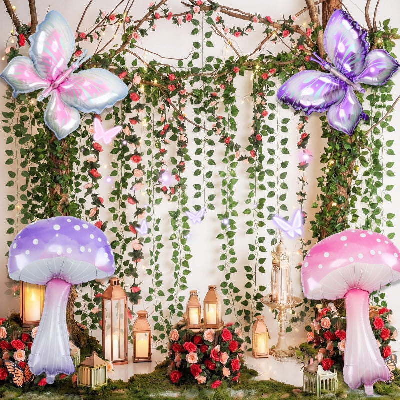Canlierr 20 Pcs Fairy Party Decorations Include Rose Wisteria, Mushroom Butterfly Balloons and Artificial Ivy Greenery, Fairy Garden Topper for Girls Birthday, Wedding, Tea Party, Baby Shower - Image 3