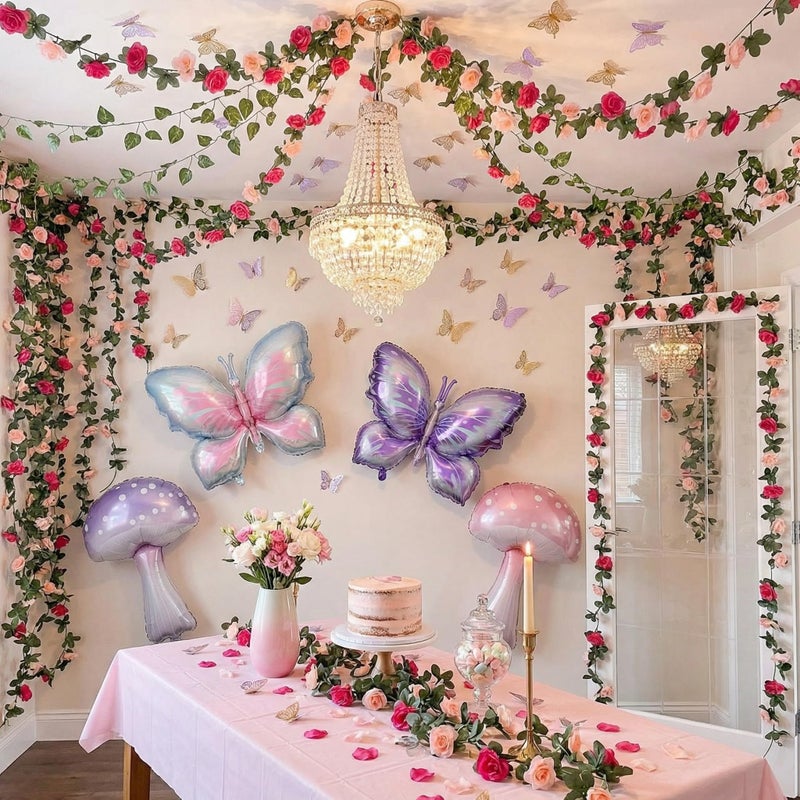Canlierr 20 Pcs Fairy Party Decorations Include Rose Wisteria, Mushroom Butterfly Balloons and Artificial Ivy Greenery, Fairy Garden Topper for Girls Birthday, Wedding, Tea Party, Baby Shower - Image 1
