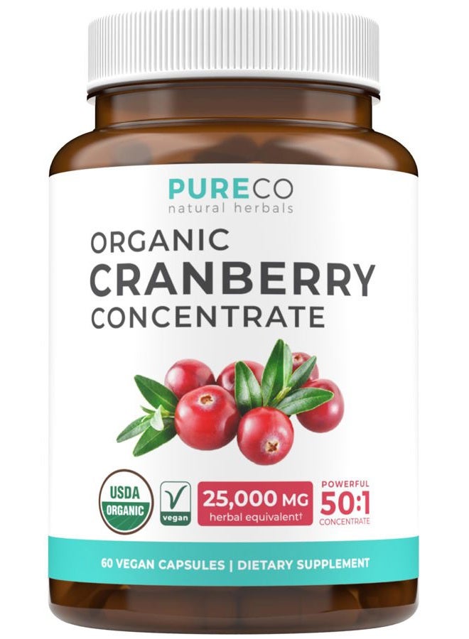 PURE CO Organic Cranberry Pills - 50:1 Concentrate Equals 25,000mg of Fresh Cranberries (Vegan) for Urinary Tract Health & Kidney Cleanse - Cranberry Pills for Women - UTI Support Supplement - 60 Capsules - Image 1