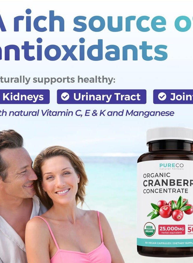 PURE CO Organic Cranberry Pills - 50:1 Concentrate Equals 25,000mg of Fresh Cranberries (Vegan) for Urinary Tract Health & Kidney Cleanse - Cranberry Pills for Women - UTI Support Supplement - 60 Capsules - Image 3