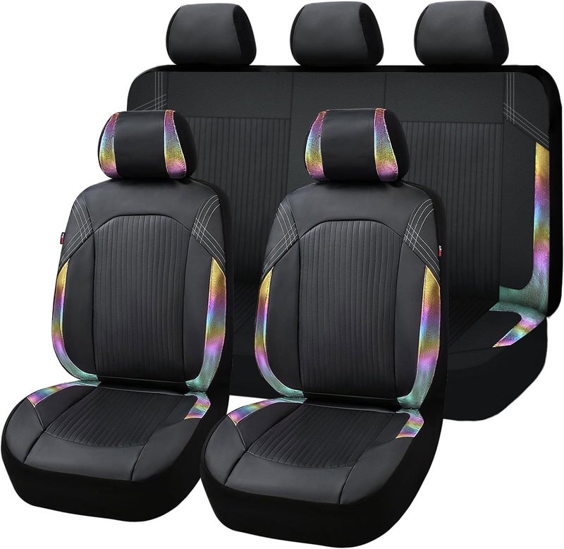 Flying Banner Synthetic Leather car seat Covers Full Set Front and Rear Bench Fashion Easy Installation Cup Holder Free (Black & Rainbow Color, Low Bucket - Full Set) - Image 1