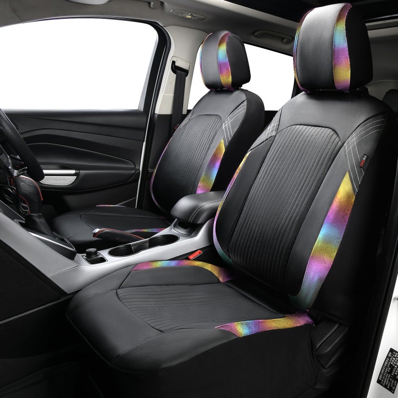 Flying Banner Synthetic Leather car seat Covers Full Set Front and Rear Bench Fashion Easy Installation Cup Holder Free (Black & Rainbow Color, Low Bucket - Full Set) - Image 3